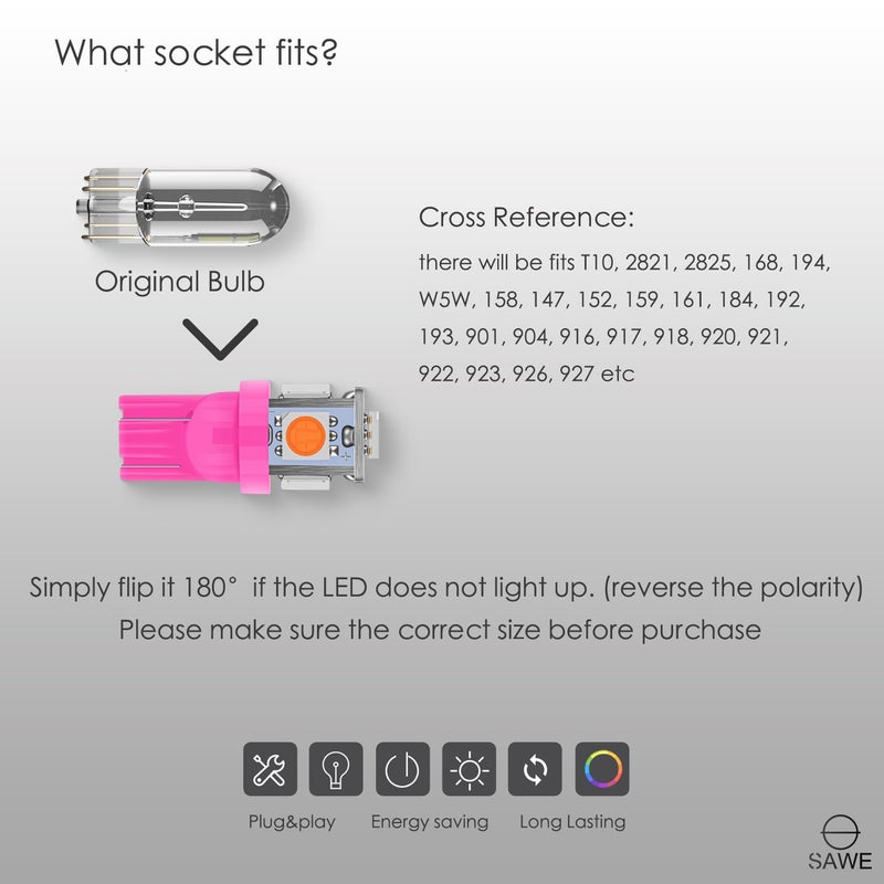 SAWE - 168 194 2825 T10 W5W 5050 5-SMD LED License Plate Dome Map Lights Bulbs (20 pieces) (Pink/Purple) - Image 3